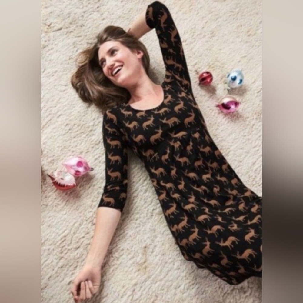 Boden Black Dress with Brown Deer Print Long Sleeve
